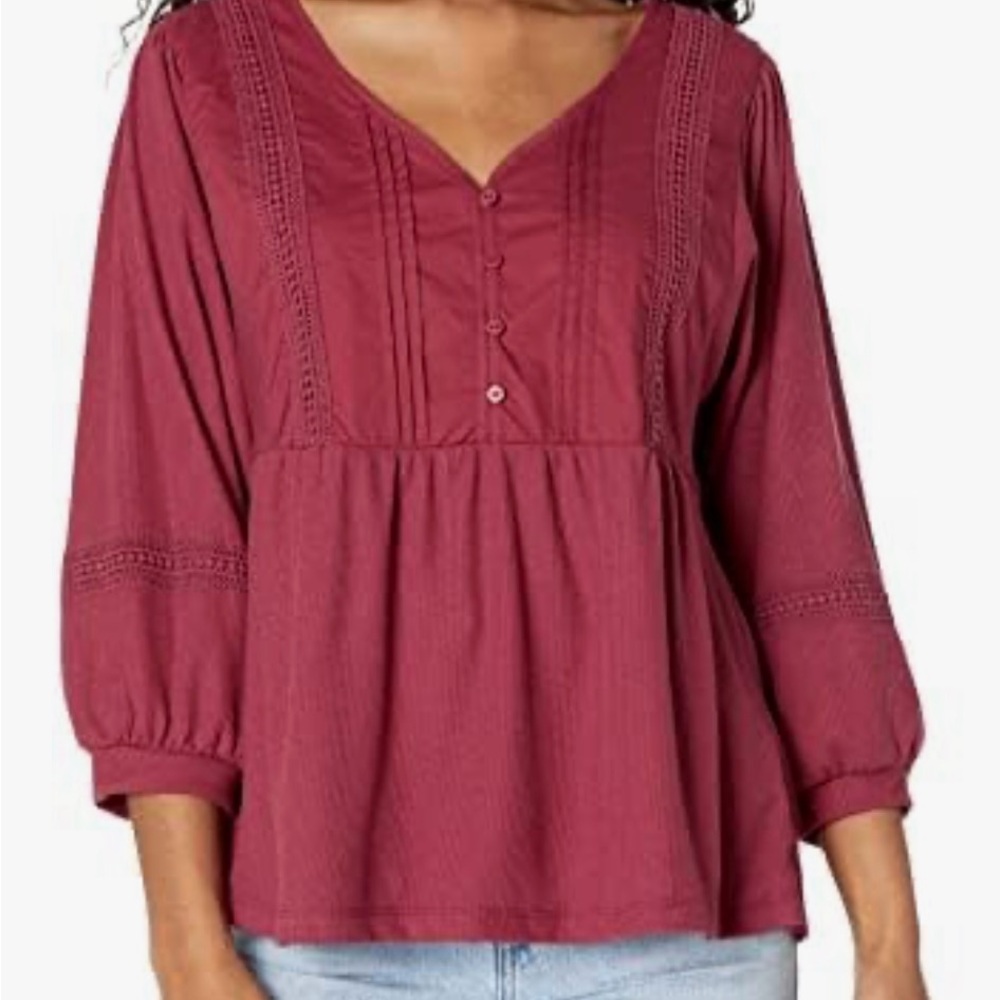 Zac & Rachel Burnt Russet Knit Top Crochet Trim Pintuck Waffle Details Size XL